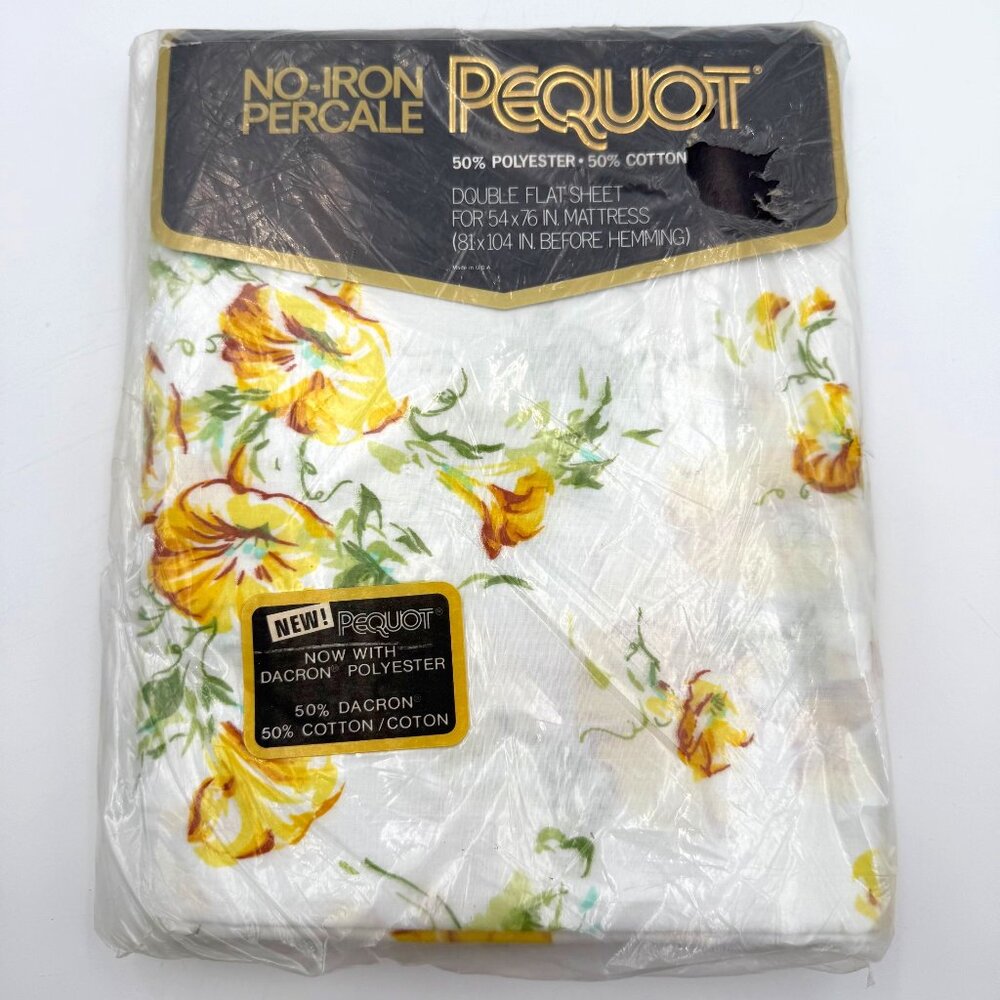 Vtg Pequot Double Flat Sheet No Iron Percale Easy Care Yellow Floral MCM Retro